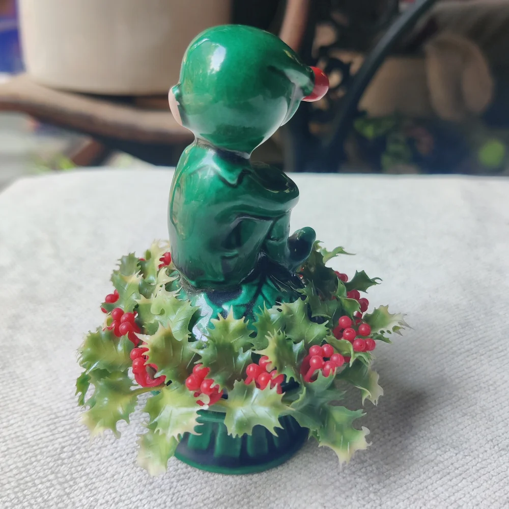 Vintage Inarco Christmas Pixie Elf on Holly Berry Figurine 4.5